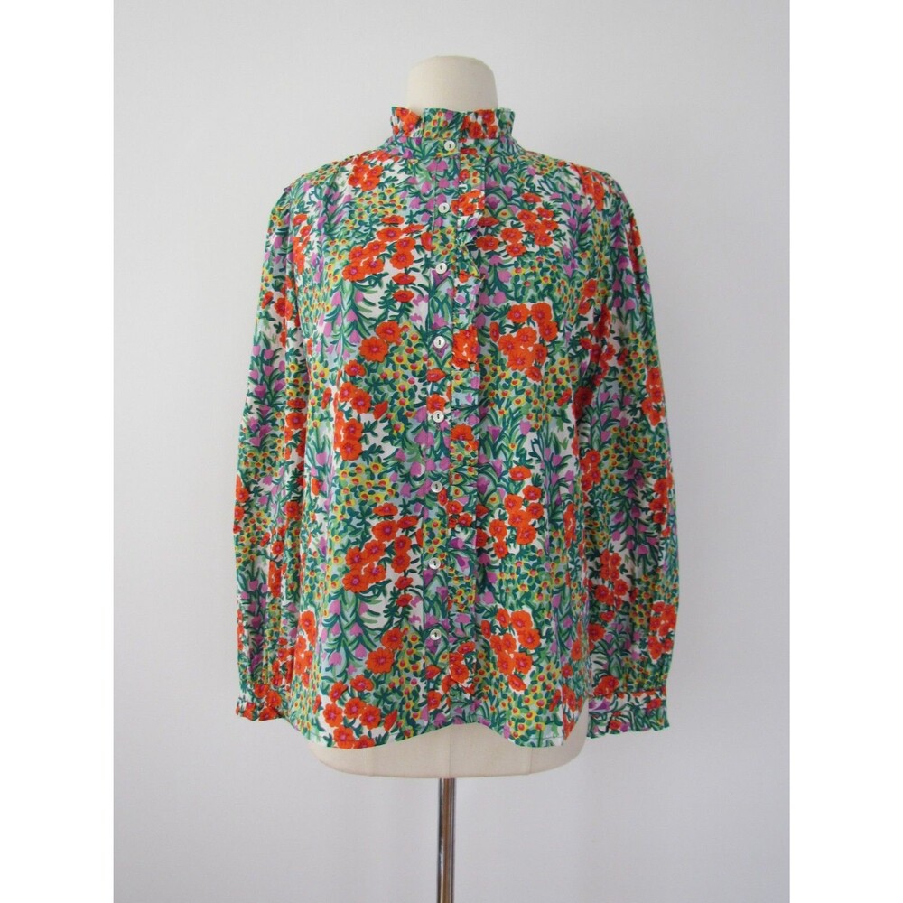 Banjanan Chrissie Shirt Size M Cottage Garden Poppy Floral Ruffle Neck Top NWT